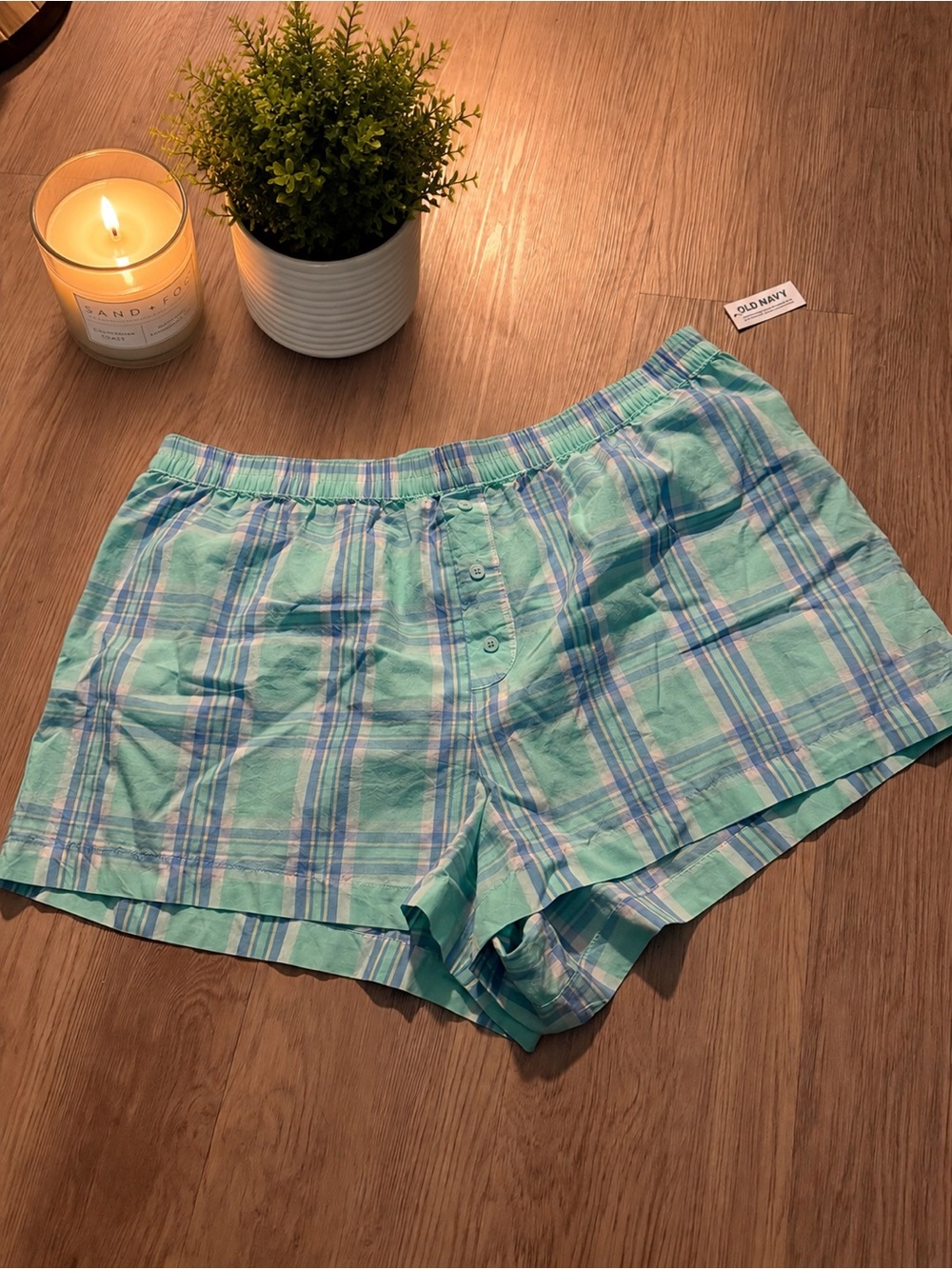 Old Navy Plaid Mint Green and Blue Cotton Shorts